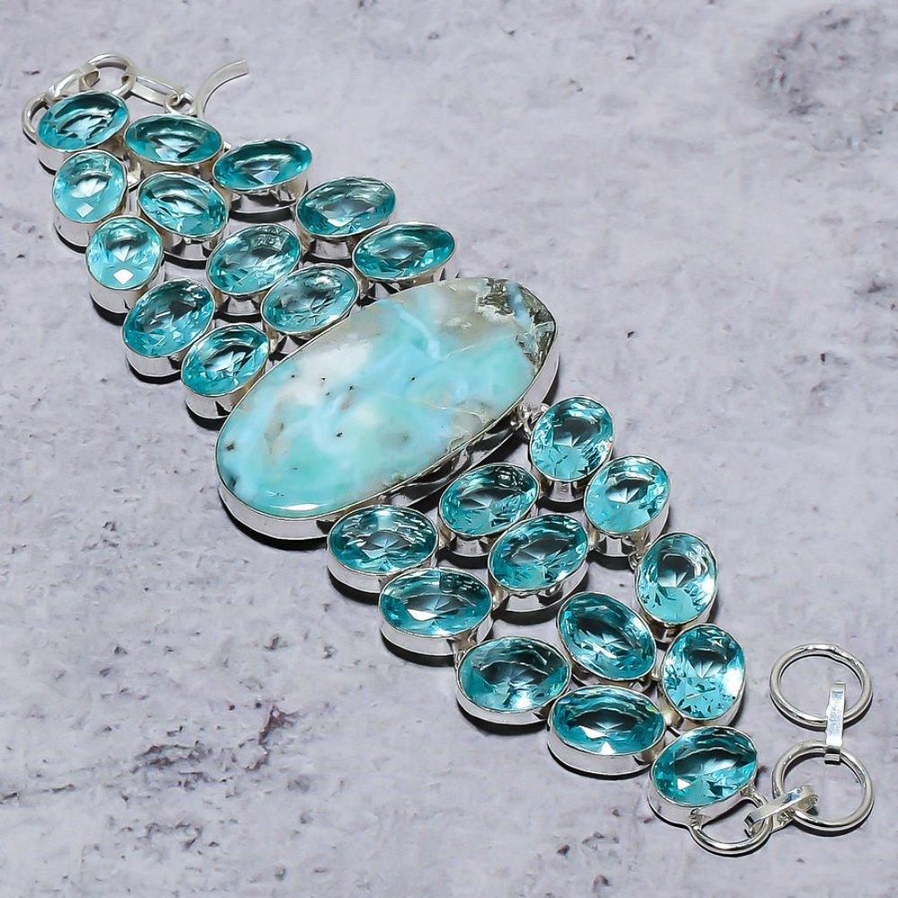 Caribbean Larimar, Blue Topaz Gemstone 925 Sterling Silver Bracelet 8"