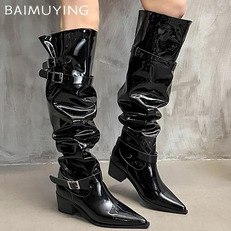 Массивные женские высокие сапоги из кожи с острым носком на среднем каблуке, модные дизайнерские туфли-лодочки с пряжкой 2025 года, готические зимние ботинки длиной до колена