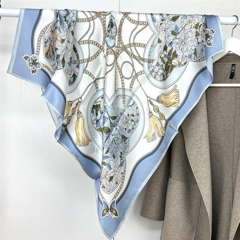 88*88cm 100% Mulberry Silk Retro Floral Garden Oil Painting Pattern Square Scarf Thin Sunblock Beach Towel Shawl Neckerchief