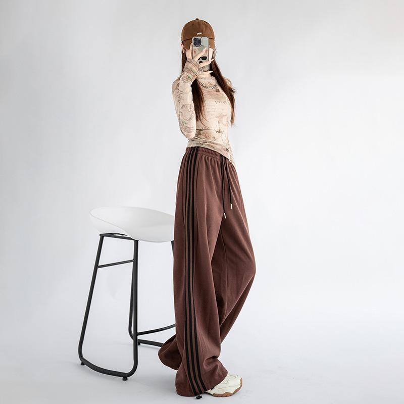 Three Bars and Two Sweatpants for Women's Autumn New High-waisted and Thin Wide-leg Pants Versatile Casual Drawstring Sweatpants