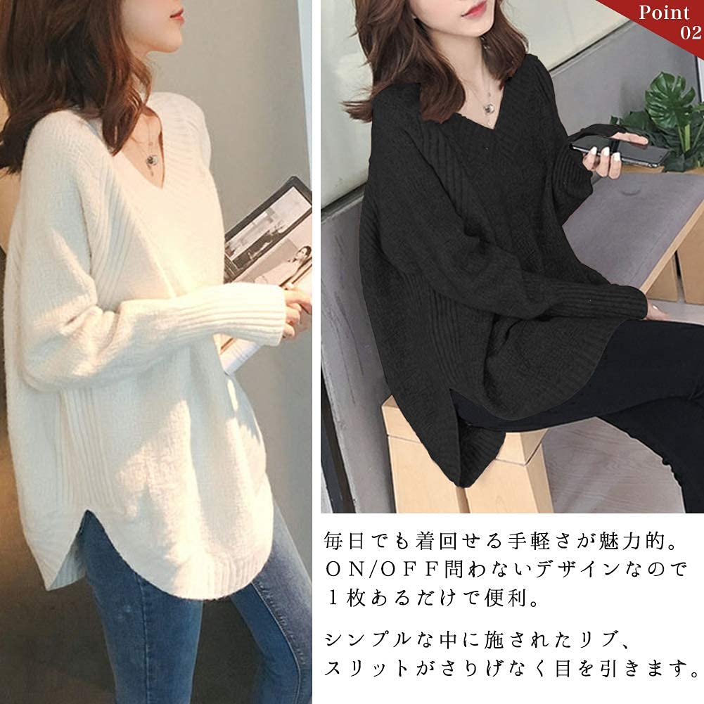 Knit Ribbed Simple Office Fluffy Holiday Simple Room Wear Fluffy Oversized Knit White White White [Second Roots] V-neck Top, Pullover, Hem, Round,