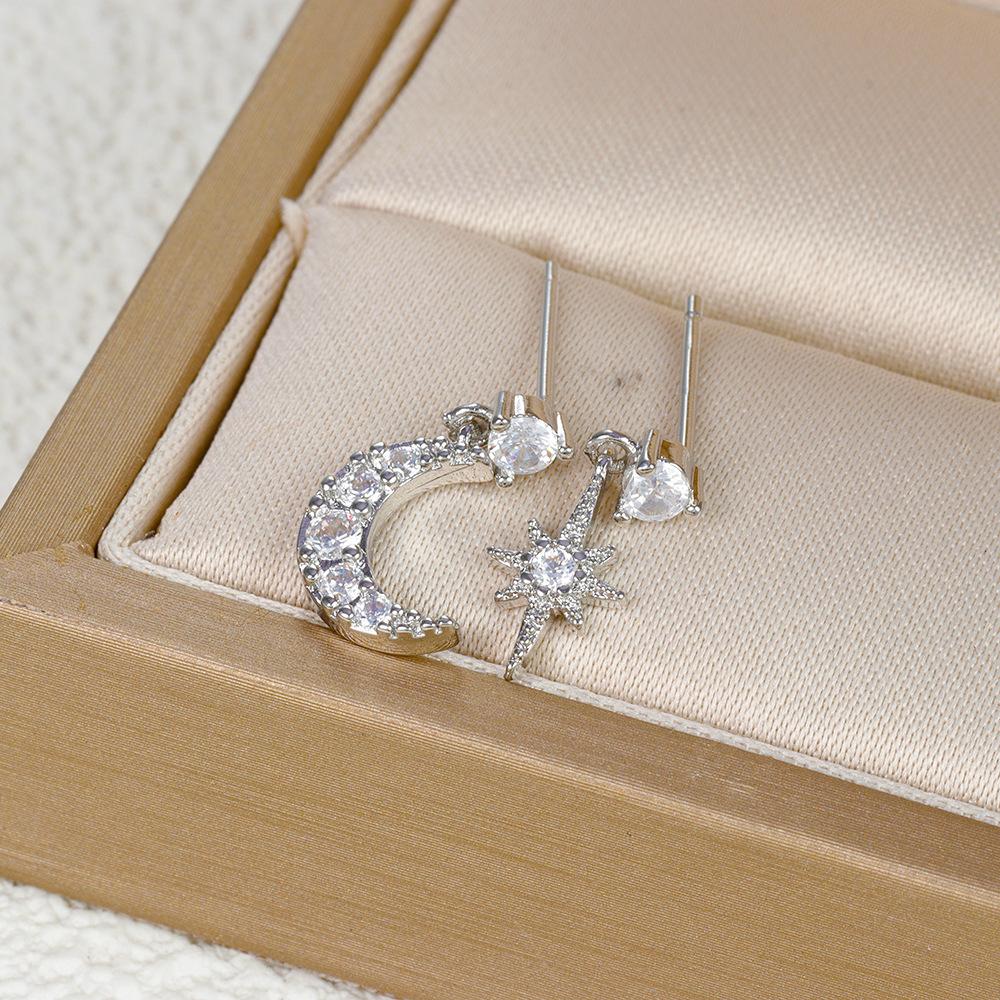 18k Asymmetrical Star And Moon Earrings, Trendy Zircon Lightning Studs, Hoops, And Drop Earrings For Women