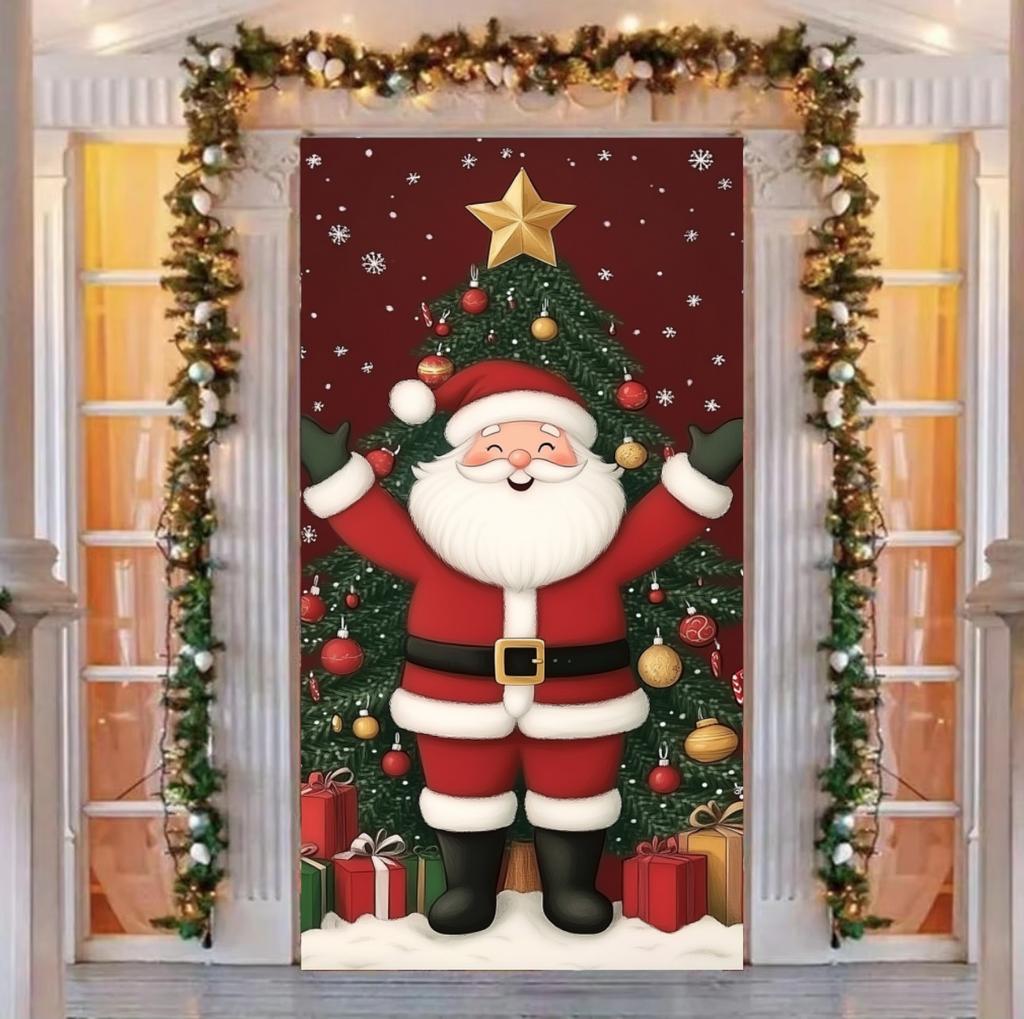 Santa Claus Read Gift List Lining for Christmas Doors Xmas Outdoor Decoration Door Cover for Front Door Home Xmas Party Supplies