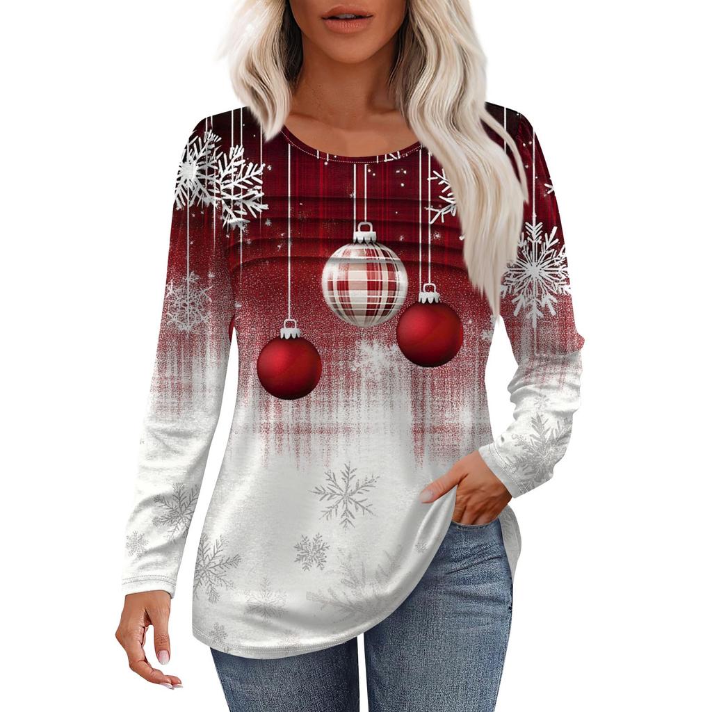 Женская модная повседневная рождественская футболка с круглым вырезом и длинными рукавами