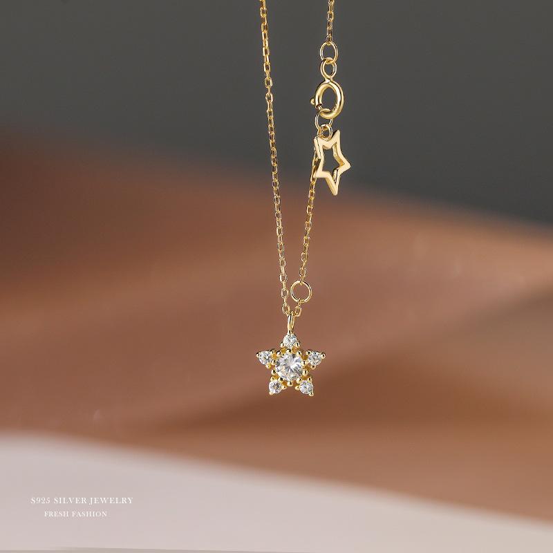 925 Sterling Silver 14k Gold Plated Zircon Necklace for Women Star Double Pendant Clavicle Chain Simple Temperament Jewelry