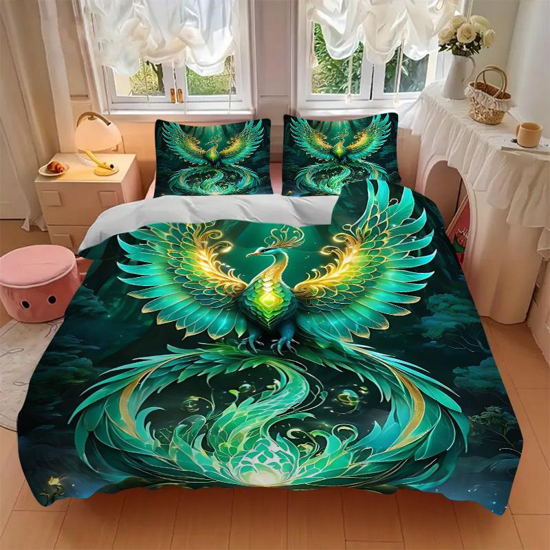 3pcs Enchanted Forest Phoenix Pattern Bedding Three-Piece Set (1 Cover + 2 Pillowcases, No Fillings), Suitable for Bedrooms and Guest Rooms