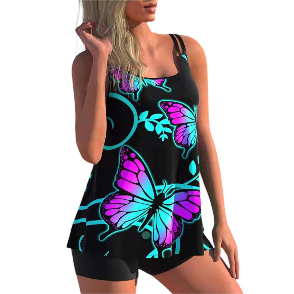 Women Swim Shirt + Shorts, Geometry/Rainbow/Butterfly Print Swimming Tops Swimwear Short Trousers Suit