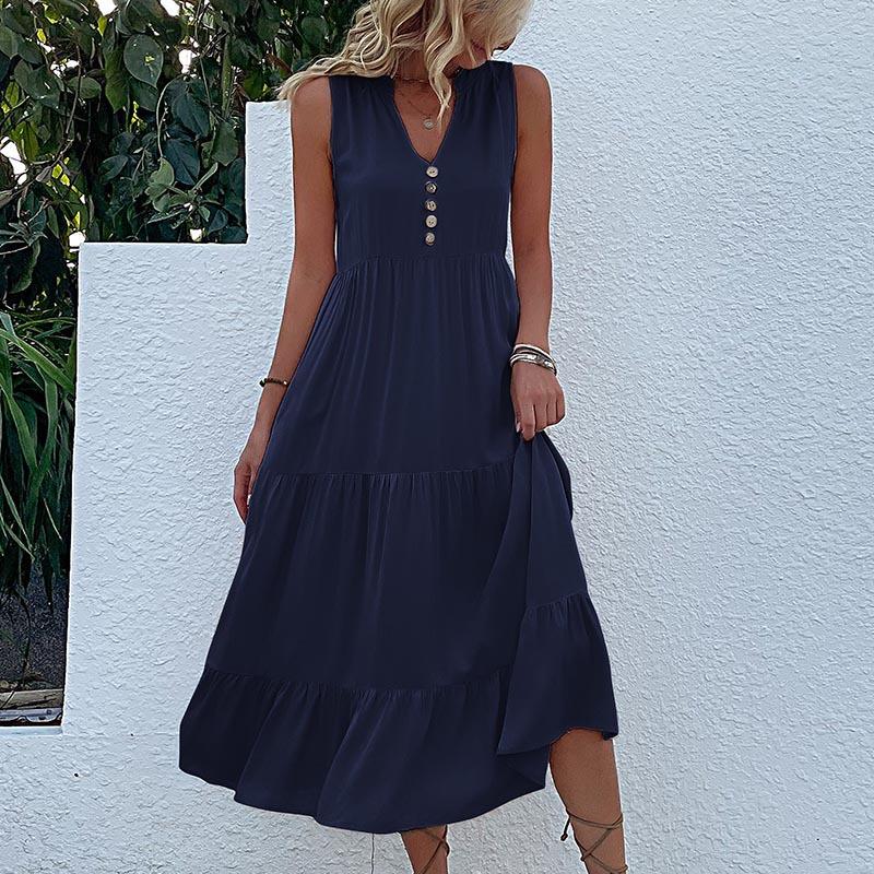 Sleeveless V Neck Casual Summer Women Dress Fashion Loose Elegant Office Ladies Dresses Layered Ruffled Solid A-line Female Dress 922