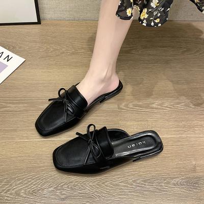 Модная обувь для женщин, мюли, женские тапочки, черные шлепанцы, сандалии с бантом, низкий каблук, натуральная кожа, распродажа 2024 года, тренд 39