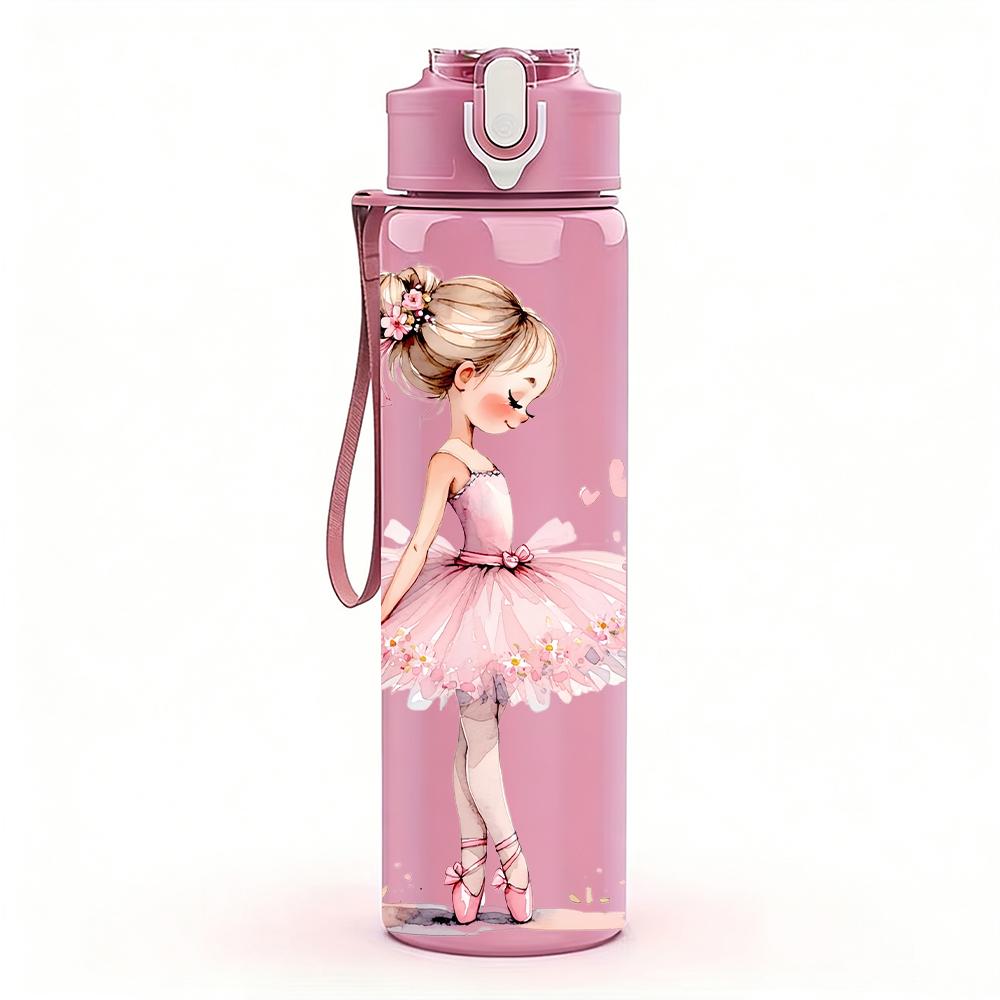 1PC Soft Pink Tutu Ballerina Silhouette 750ml Color Plastic Water Bottle Leakproof Flip Straw Lid For Sports Office Home Use