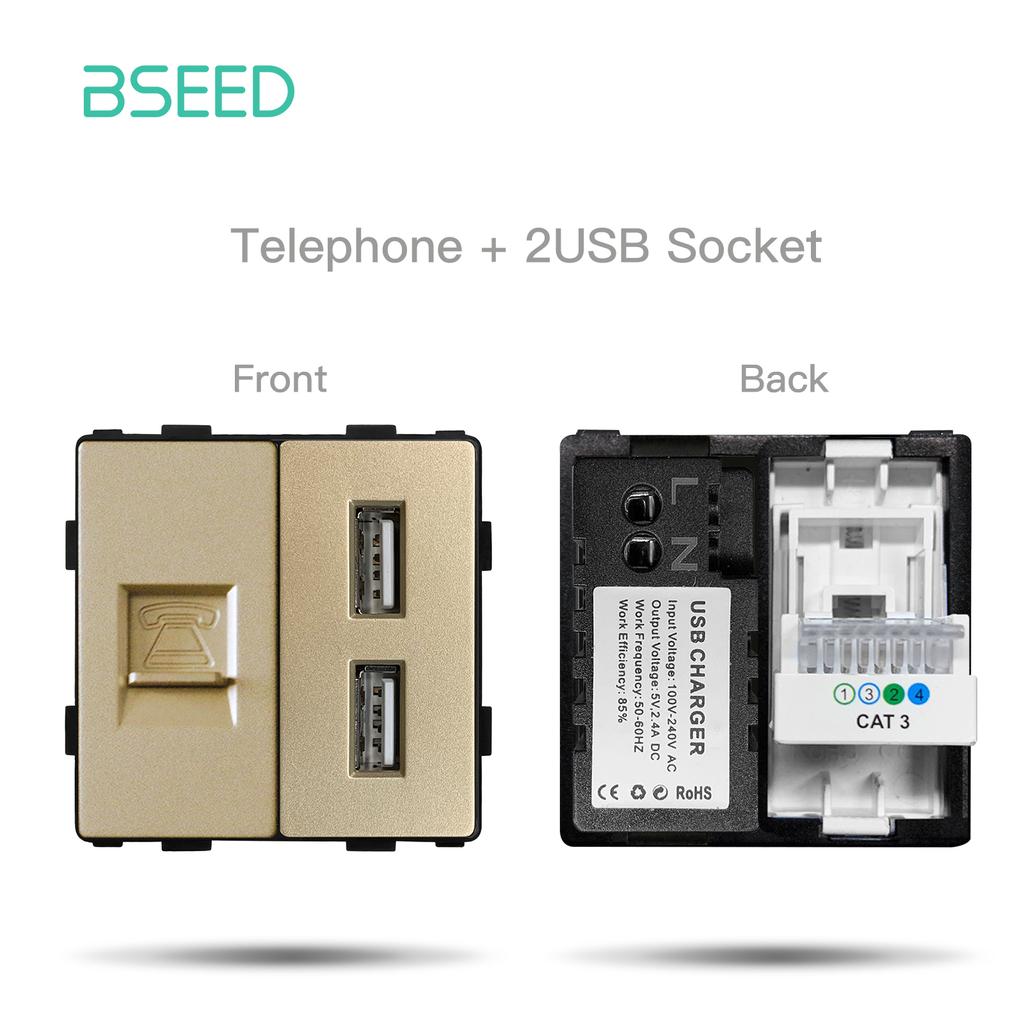 BSEED DIY EU Standard TV Satellite USB Sockets Button Switches With Crystal Glass Frame Panel Gold Home Improvement DIY Free