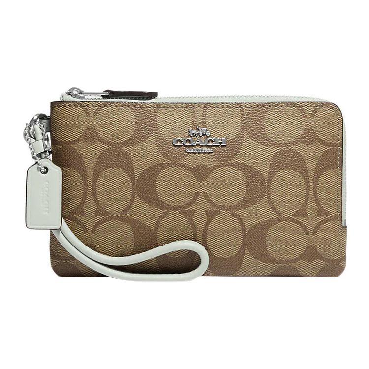 New COACH Corner Zip Canvas Wrist Bag Clutch Trumpets Women's Brown 87591-SVV7Q