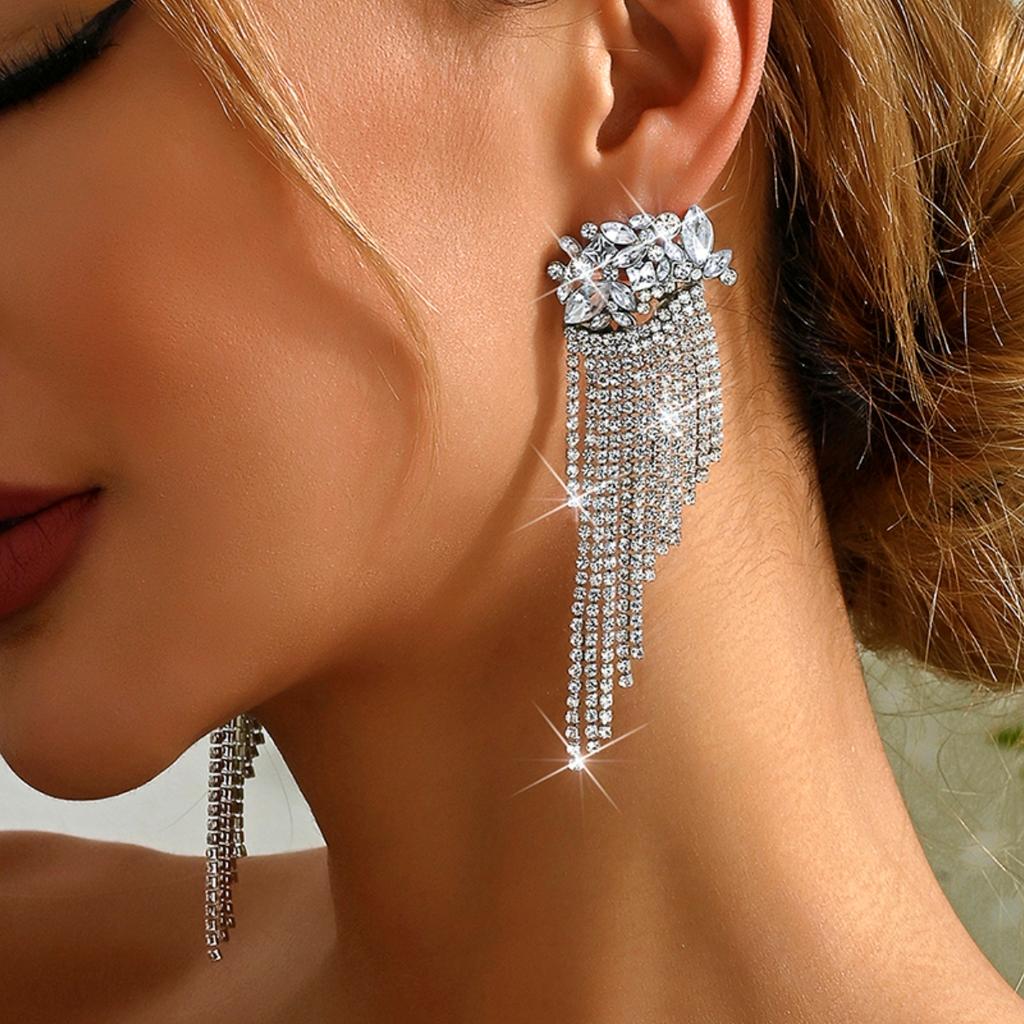 2PC Women's Fashion Copper Inlaid Diamond Claw Chain Exaggerated Tassel Earrings Jewelry Suitable for Date, Party, Festival Gift