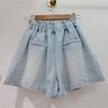 Women Shorts Jeans Wide Leg Short Pants Elastic Waist Button Diamonds Vintage Washed Distressed Summer Streetwear Denims