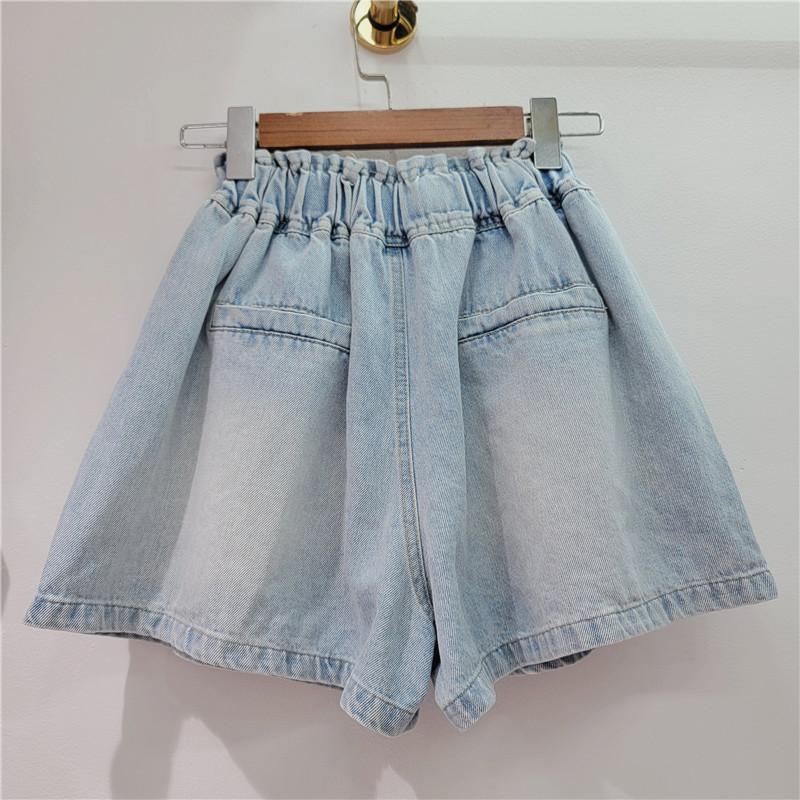 Women Shorts Jeans Wide Leg Short Pants Elastic Waist Button Diamonds Vintage Washed Distressed Summer Streetwear Denims
