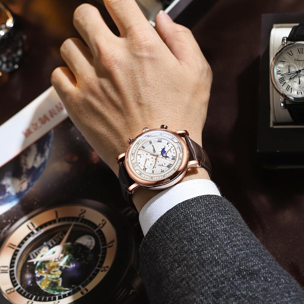 Starry Sky Watch with Genuine Leather Strap and Roman Alphabet Analog Luminous Moon 3ATM Water Quartz and Stylish Fashion Accessory Perfect for or As