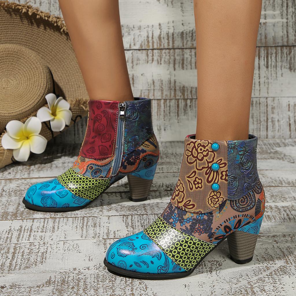Мода 2025 Новые женские сапоги Этнический стиль Повседневная мода Короткие сапоги на высоком каблуке Женские Ретро Большой размер Все сочетающиеся Модная обувь Женская