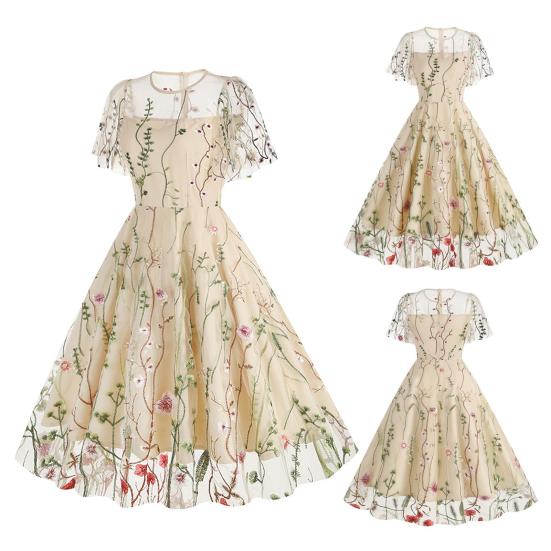 Женское вечернее платье, двухслойное сетчатое платье с цветочной вышивкой, трапециевидной формы, большие качели с короткими рукавами, круглым вырезом сзади, застежка-молния, платье миди для выпускного вечера