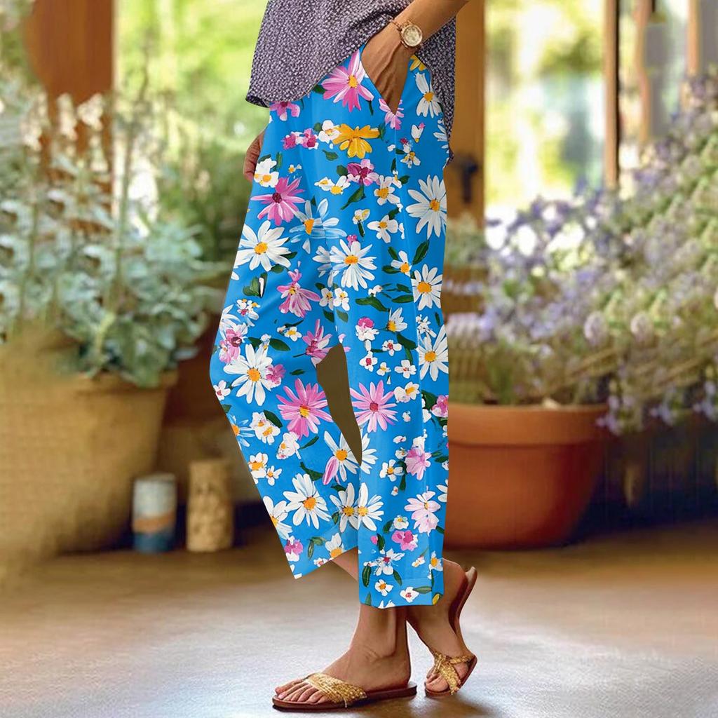 Women's Fashionable Floral Print Straight Leg Pocket Elastic Waist Casual Pants Pants