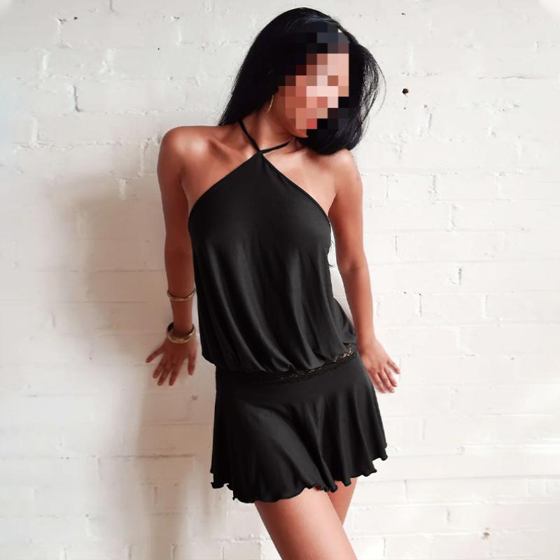 European and American Summer Women's Sexy One Shoulder Backless Solid Color Hanging Neck Dress