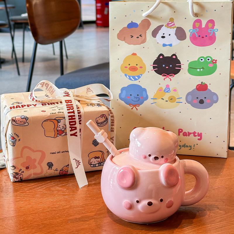 Кружка с кремовым мишкой, керамическая кружка высокой ценности для девочек с крышкой, бытовая чашка для питья, подарок на день рождения, сувенир