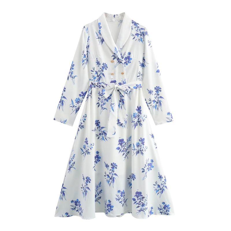 Kaslead New Arrival Women's Clothing Fashion Style Fashion Minimalist Print Gold Double Breasted Lace-up Long Sleeve Dress