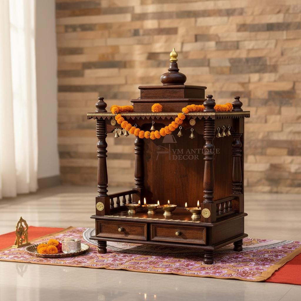Wooden Pooja Temple With Bells Mandir Desk Storage -Religion Temple-Pooja Stand Mandir With Desk Wall Temple-Pooja Cabinet with Brass Bells