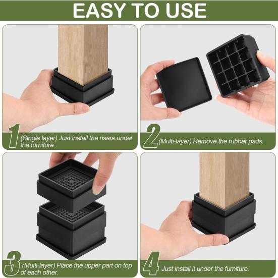 4/6/8Pcs 1/2-Inch Square Furniture Riser Heavy Duty Bed Riser Adjustable Stackable Anti-slip Table Desk