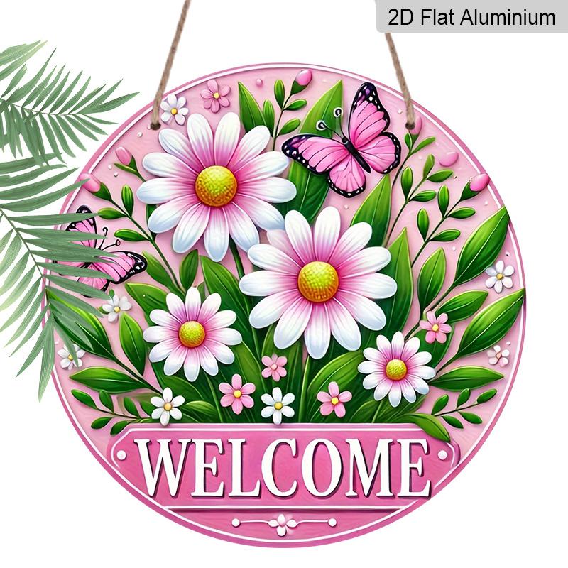 2D Flat, 1pc Charming Pink Daisy & Butterfly Welcome Sign - Round Aluminum Door Decor with Vibrant Floral Design, Perfect for Home & Garden Entrance
