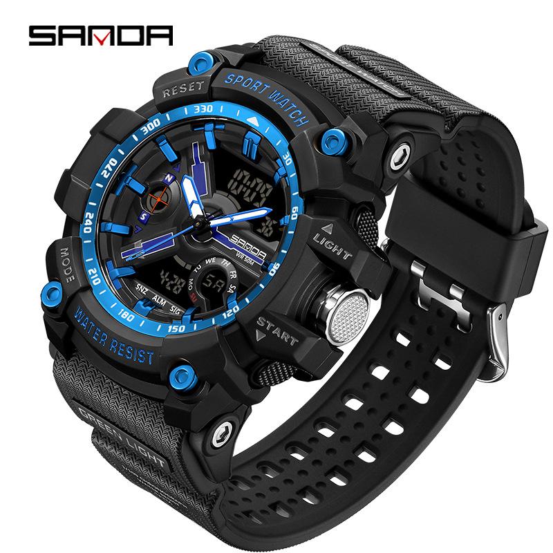 SANDA Youth Waterproof Sports Watch - Cool Trendy Multi-functional Dual Display in Black Technology Design