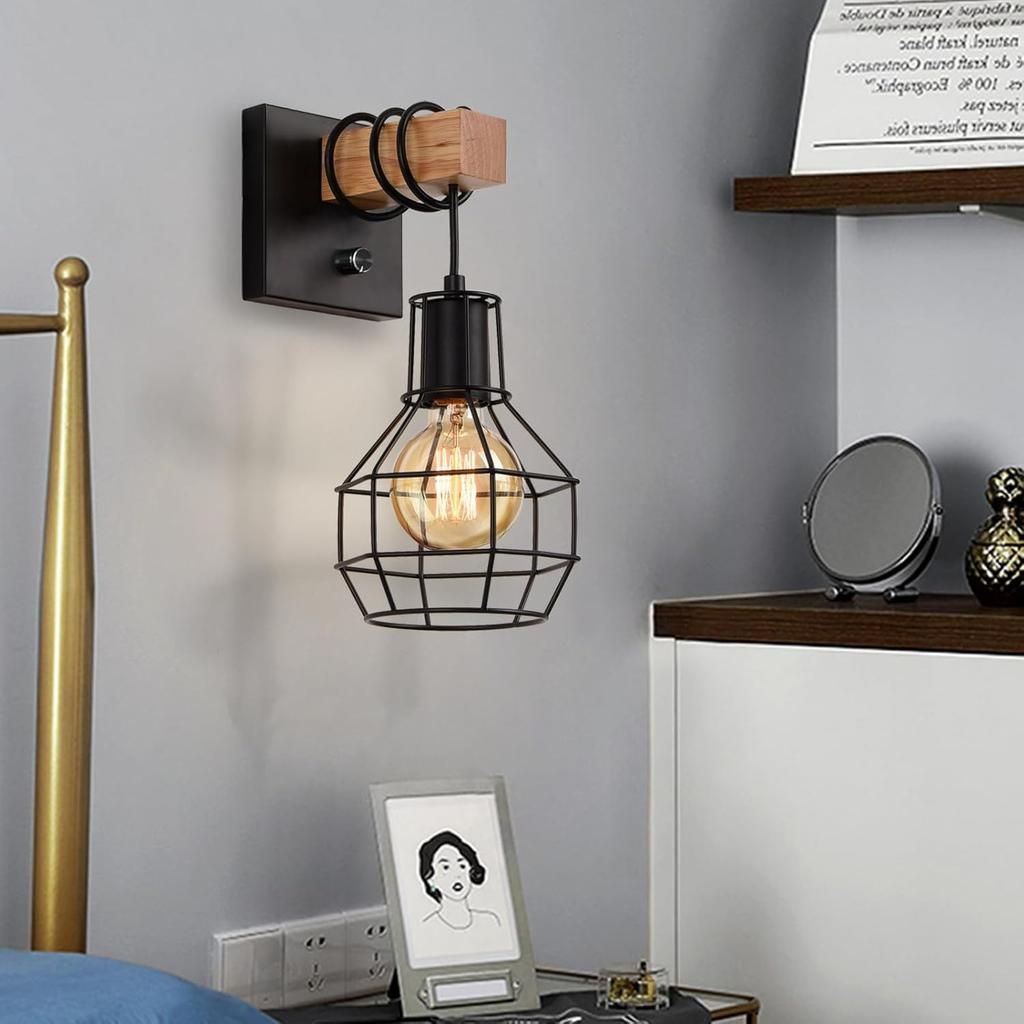Set of 2 Industrial Wall Sconces with Dimmer ON/Off Switch,Farmhouse Wall Mount Light with Metal Cage Shade,Black Wall Lights Indoor for Kitchen