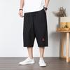 Men's Summer Loose Plus Size Chinese Style Linen Wide Leg Pants, Mid Waist Casual Seven Quarter Haren Pants