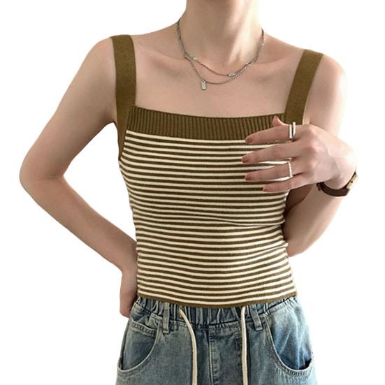 Вязаный жилет в полоску в стиле ретро с квадратным воротником и широкими плечами без рукавов