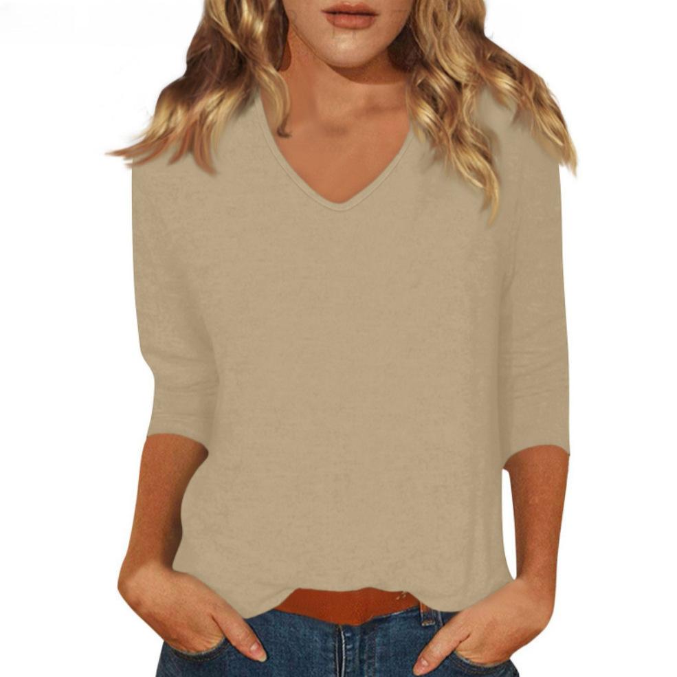 Women's Daily Versatile Casual V-Neck Solid Color Seven-Sleeve T-Shirt Top
