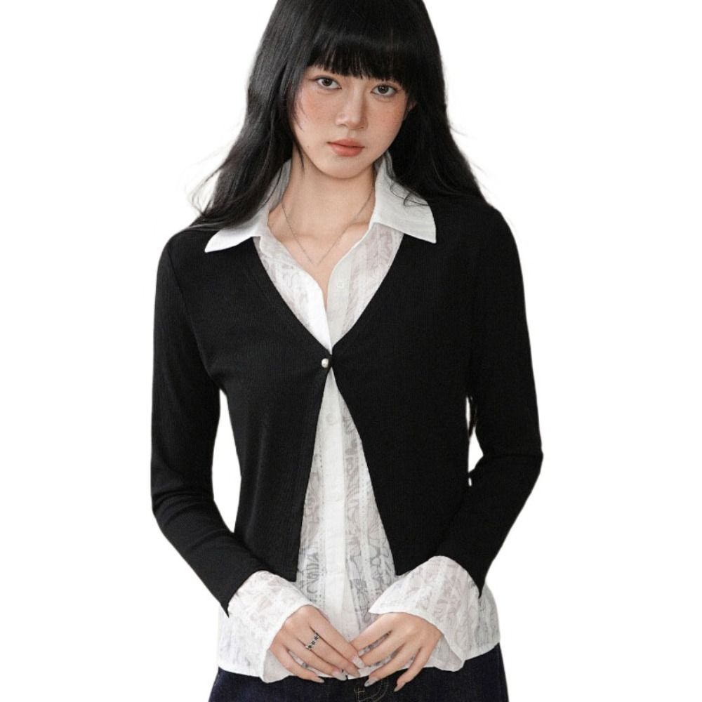 Korean Style False Two-piece Top Slim Fit Knitted Top Women Lace Shirts Knitwear Spring Autumn