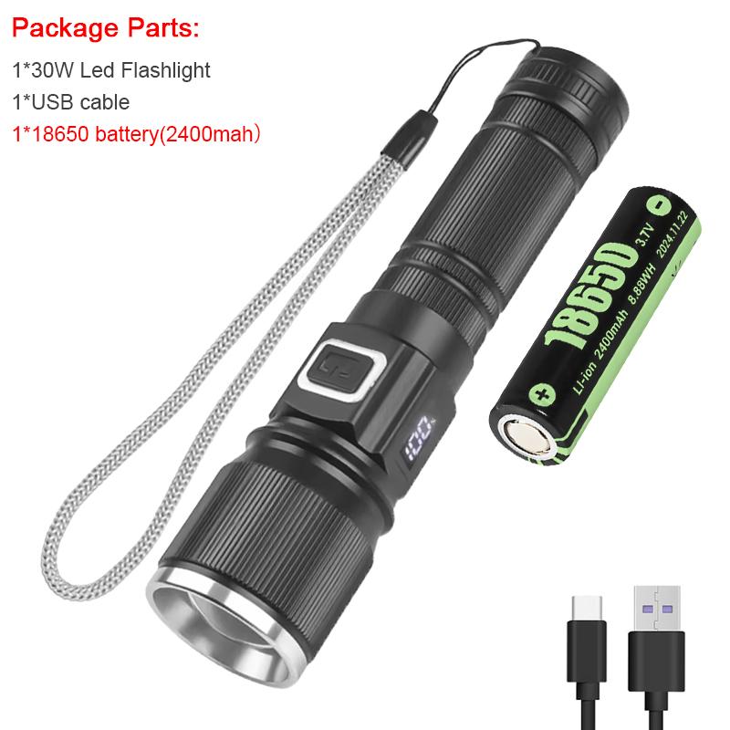30W High-Power LED Tactical Flashlight with LCD Power Display Zoom Aluminum Alloy Rechargeable Emergency Torch Spotlight