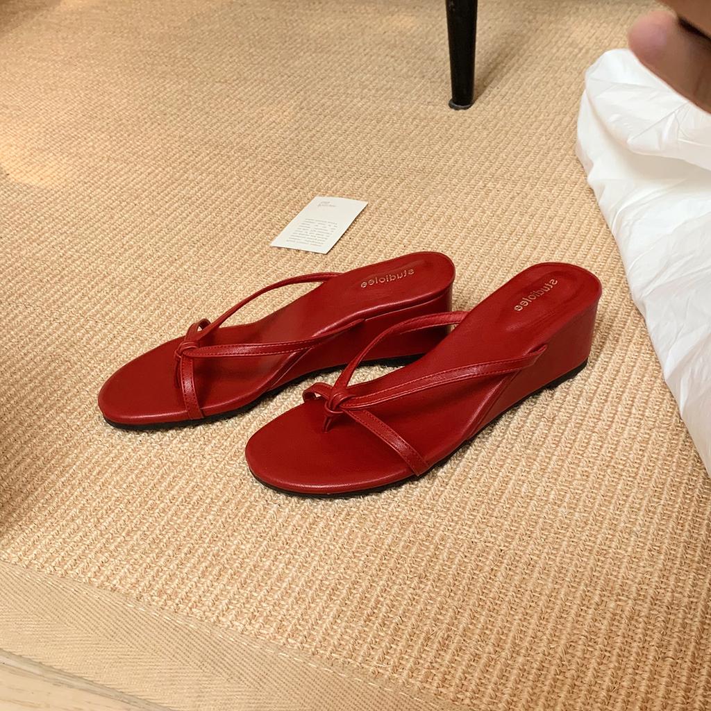 Sheepskin Grape Mother and High 6cm Slippers Women's Summer Toe Fairy Wind Outside Wearing Thin Strap Wedge Herringbone Cool Slippers