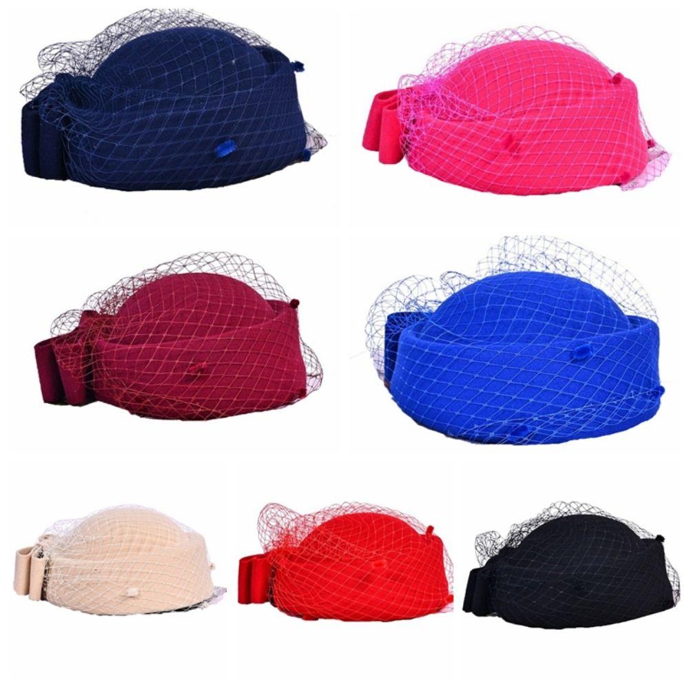 Однотонная шерстяная шляпа-бант с вуалью, шляпка стюардессы в британском стиле, винтажная шляпка-таблетка, головной убор