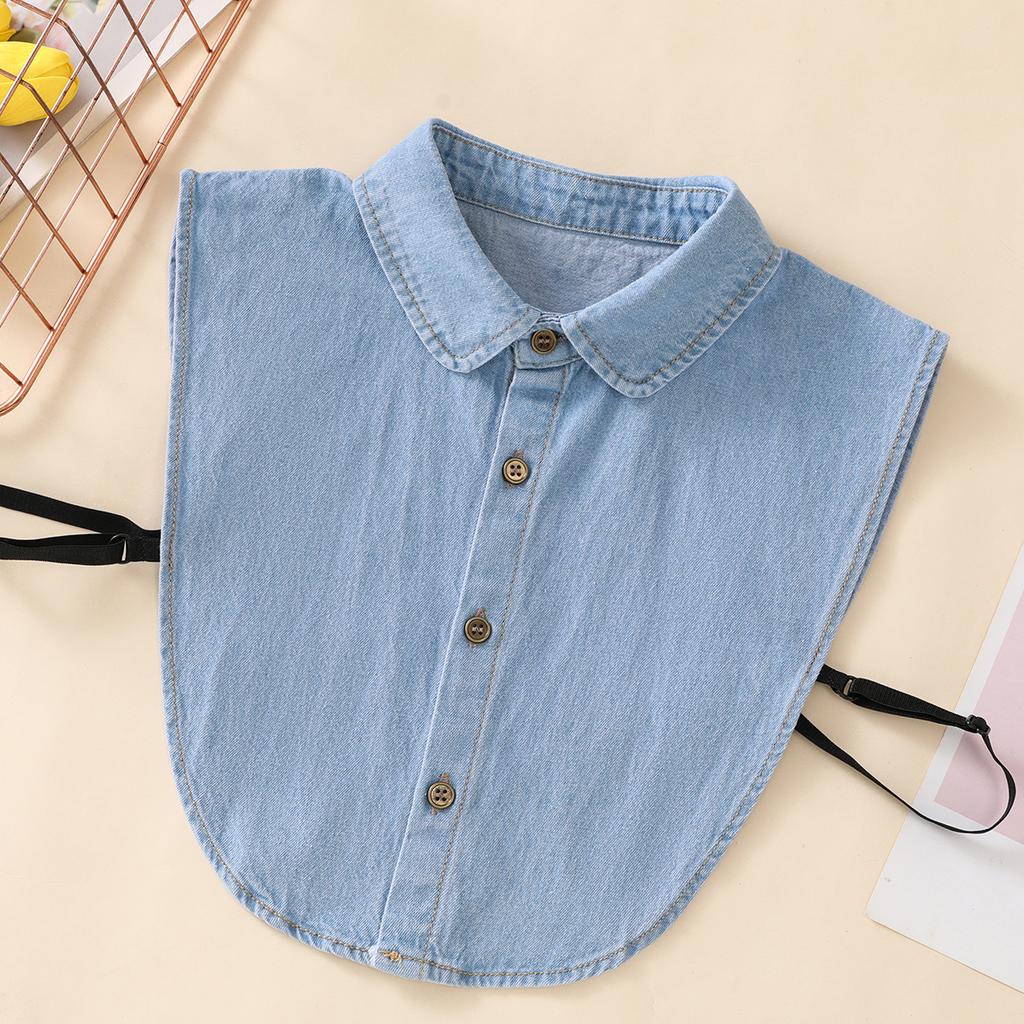 Women's Blue Washed Denim Pointed Collar Fake Collar, Professional Casual Versatile Decoration Half Shirt Style Collar