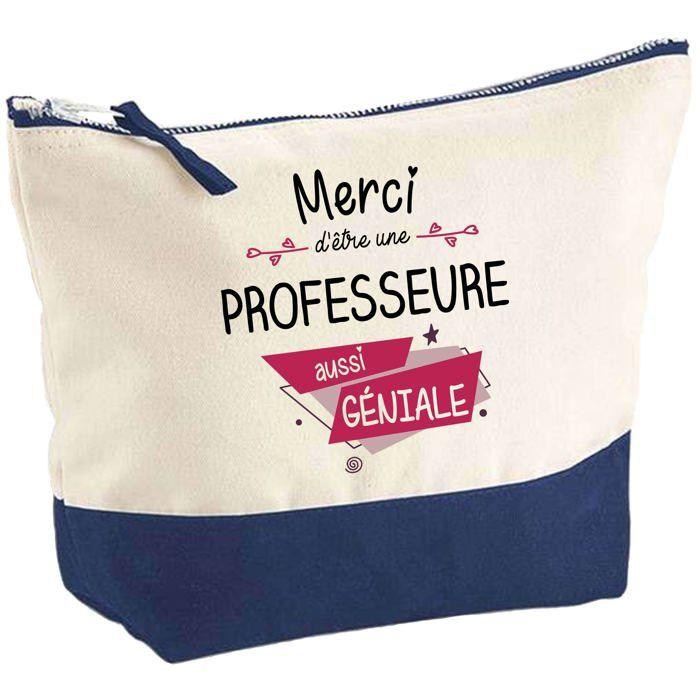 Trousse de maquillage - PLANETEE - Pochette fond bleu «Professeure Merci Géniale» - Grand format - Coton - Impression HD