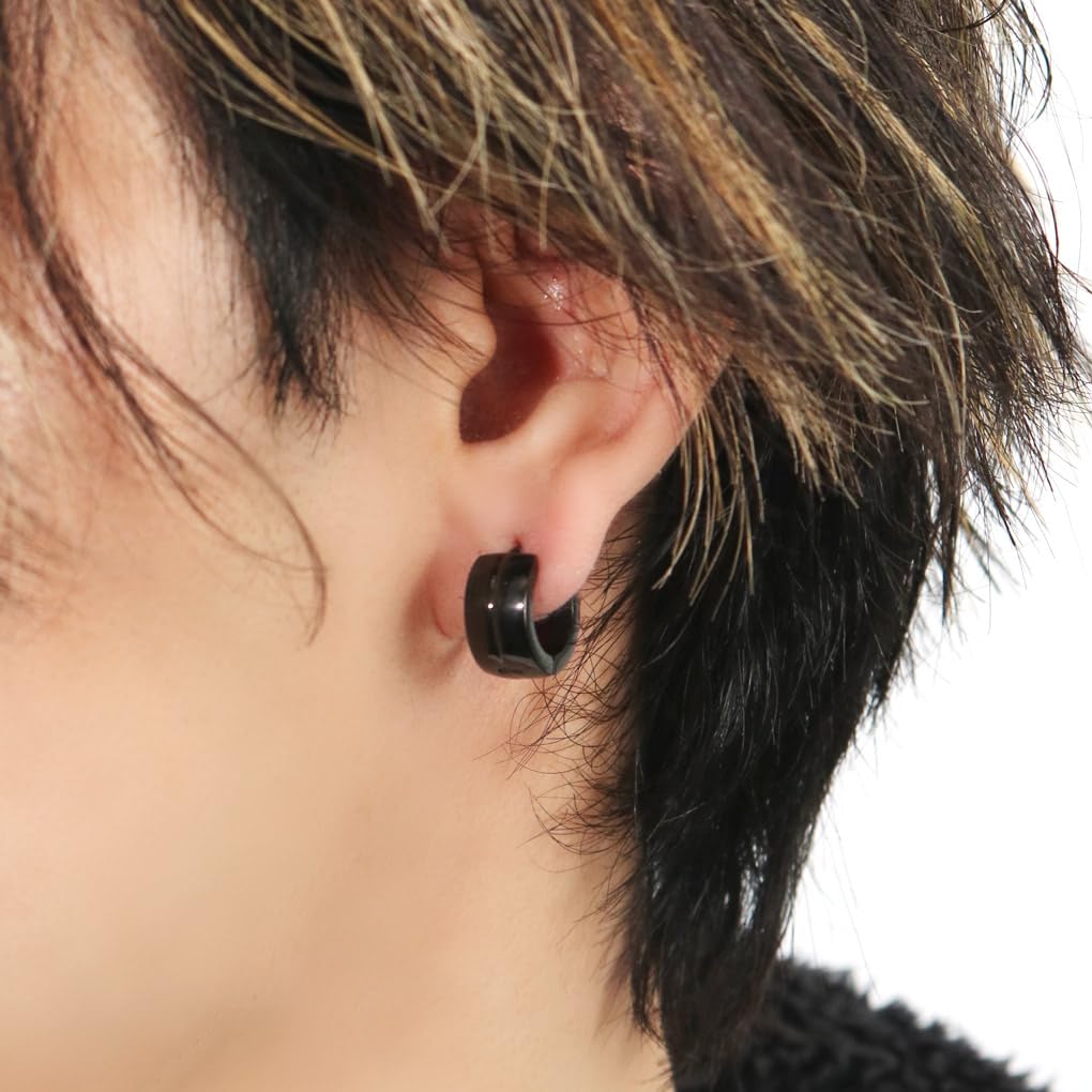 Gin no Wide Black Hoop Single Stainless Simple Black Ring Earring [Shinjuku Kura] Earring, Earring, Steel, Allergy-Friendly, Nickel-Free,