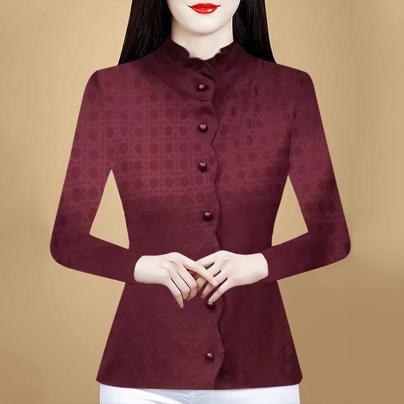 Корейская версия универсальной футболки Niche Plus Velvet Spring New Mother с воротником-стойкой для женщин среднего и пожилого возраста, теплая базовая рубашка