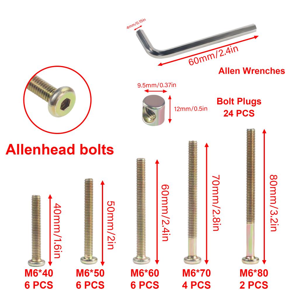 Socket Head Screws,24 Set M6 Bolts And Nuts Kit, M6 X 40mm/ 50mm/ 60mm/ 70mm/ 80mm ,Crib Screws Hardware Replacement Kit