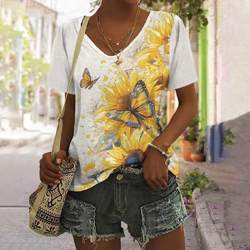 V-neck T-shirt Daily Fashion Tops Women's Short Sleeve Floral Printed Patterns Plus Size Loose Women's Clothing Outdoor T-Shirt