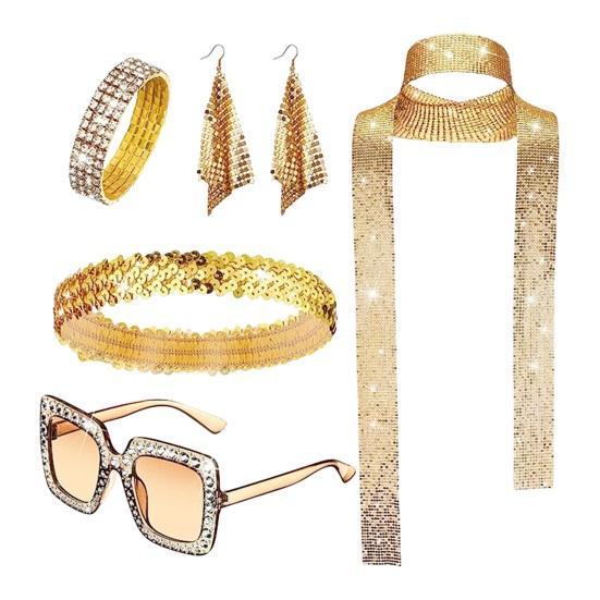 5 Pcs/Set Women Jewelry Set Sequin Rhinestone Decor Vintage 60s 70s Disco Party Favors Cosplay Earrings Sunglasses Bracelet Headband Scarf Set