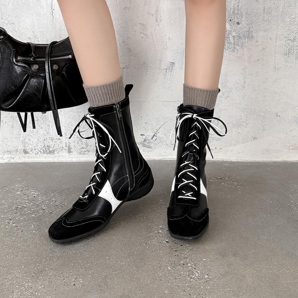 Cowhide Version~ Inner Height Increase 5cm Retro Martin Boots Women's Small Short Boots Sports Style Boots High Top German Training Shoes Boxing Boots