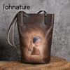 Retro Real Cowhide Hand-printed Women Bag Natural Genuine Leather Leisure Large Capacity Shoulder Bags