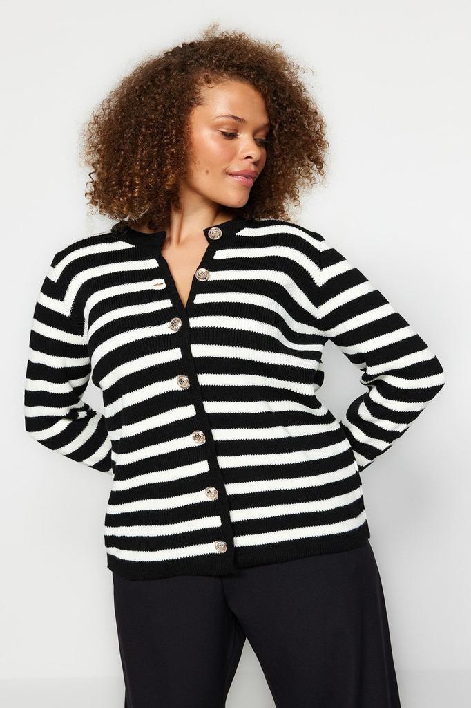 Women's Fashion Stylish Plus Size Cardigan Black Striped Knitwear Cardigan