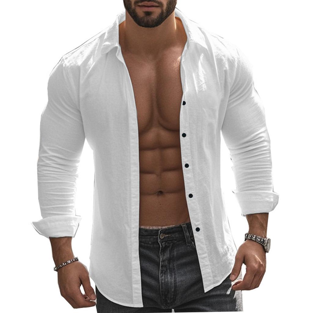 Мужская летняя однотонная рубашка с длинным рукавом из хлопка и льна с лацканами и пуговицами