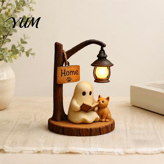 Mini Ghost Statue Halloween Reading Figurine, LED Light-up Street Light Resin with Statue, Cat Desktop Decoration for Holiday Party Book